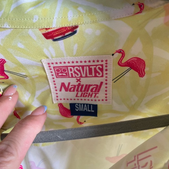 RSVLTS X NATURAL LIGHT NATURDAYS YELLOW WITH FLAMINGOS KUNUFLEX SHIRT SMALL (J) - Picture 3 of 5